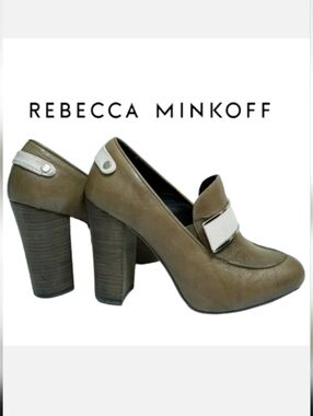 Rebecca Minkoff RAVEN LOAFER Tan & Off White Leather Chunky Heel Pumps Sz 7